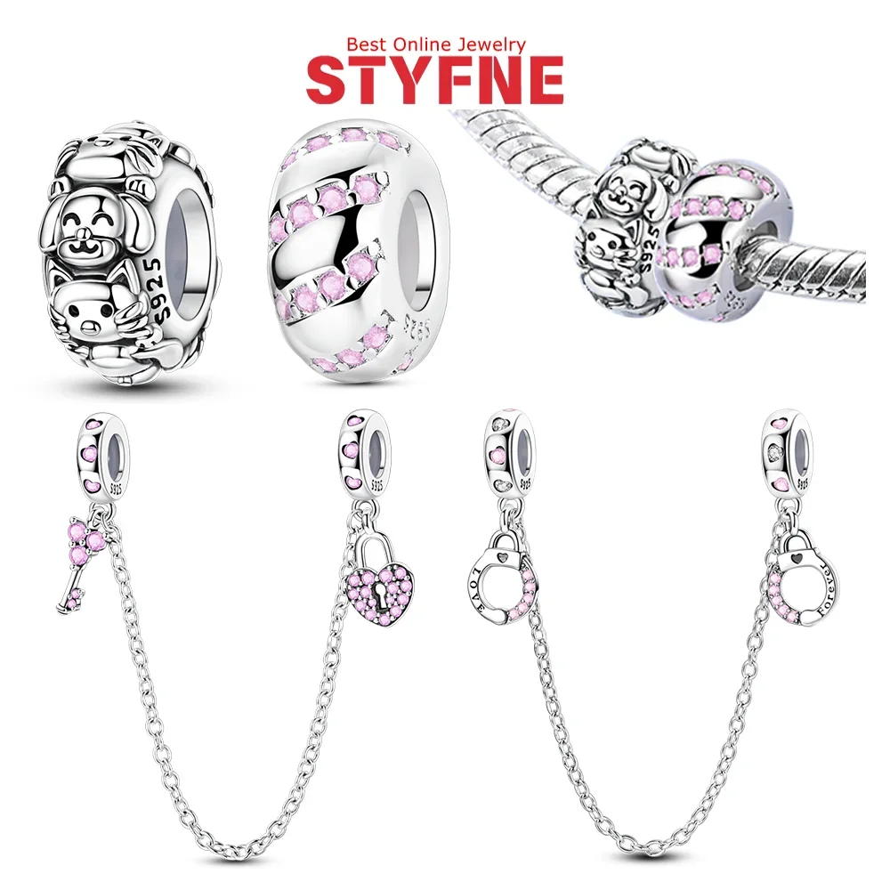 Charms 925 Silver Cute Pet Gold Track Isolation Beads Love Lock Key Bow Handcuffs Charm Fit Original Bracelet Jewelry Women Gift