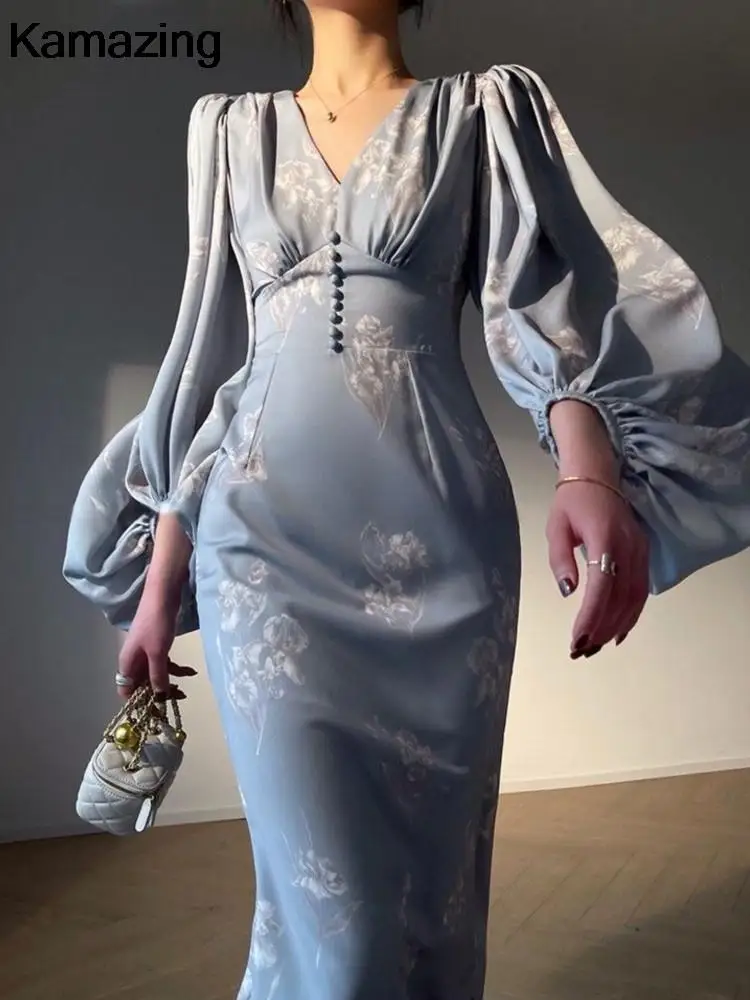 New Elegant Printing Mermaid Dresses Women Slim V-neck Long Sleeve Runway Party Robe 2024 Fmeale Summer Clothing