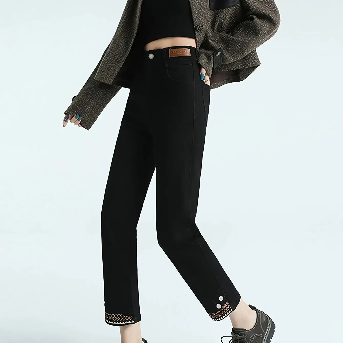 Celana Jeans Y2k Wanita Hitam Model Straight Leg Patchwork Bordir Kasual Celana Pendek Vintage Retro Denim Distressed