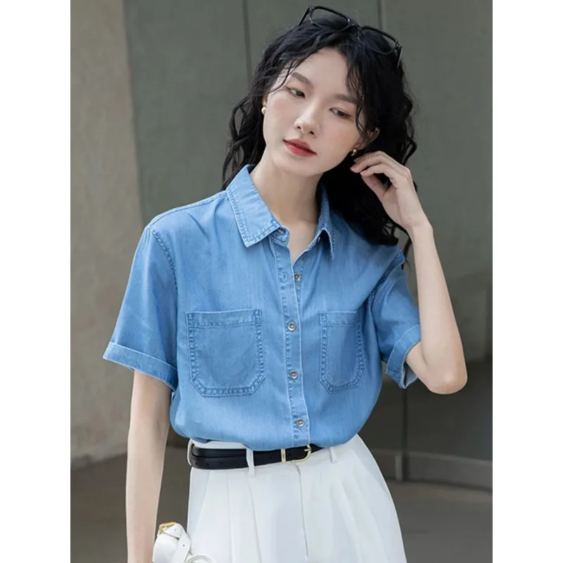 

Women Retro Tencel Denim Lapel Collar Short Sleeve Double Pocket Casual Elegant Daily Basic Shirt
