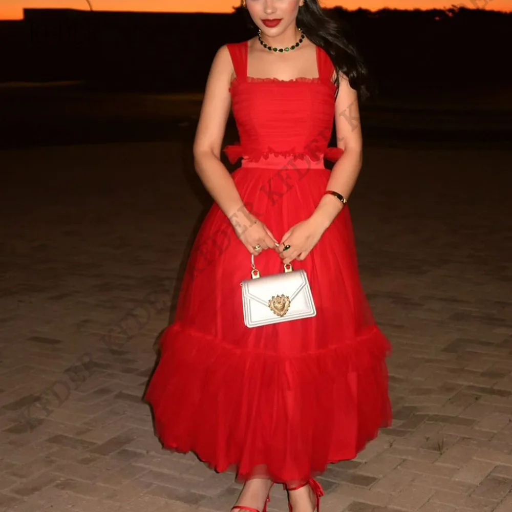 Red Simple Prom Dress Tulle Ankle Length Column Elegant Prom Gowns for Women Sleeveless Elegant Formal Party Dresses Customized
