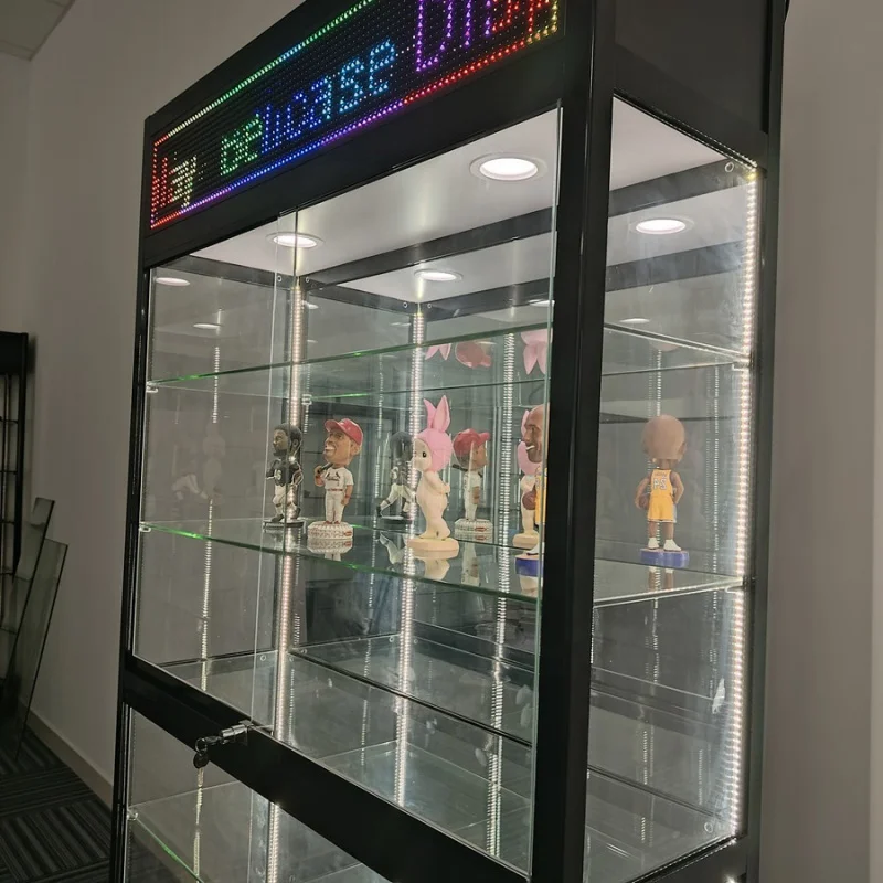 Custom. LED screen smoke shop wall showcase lockable mirror backing smoke store display with LED light