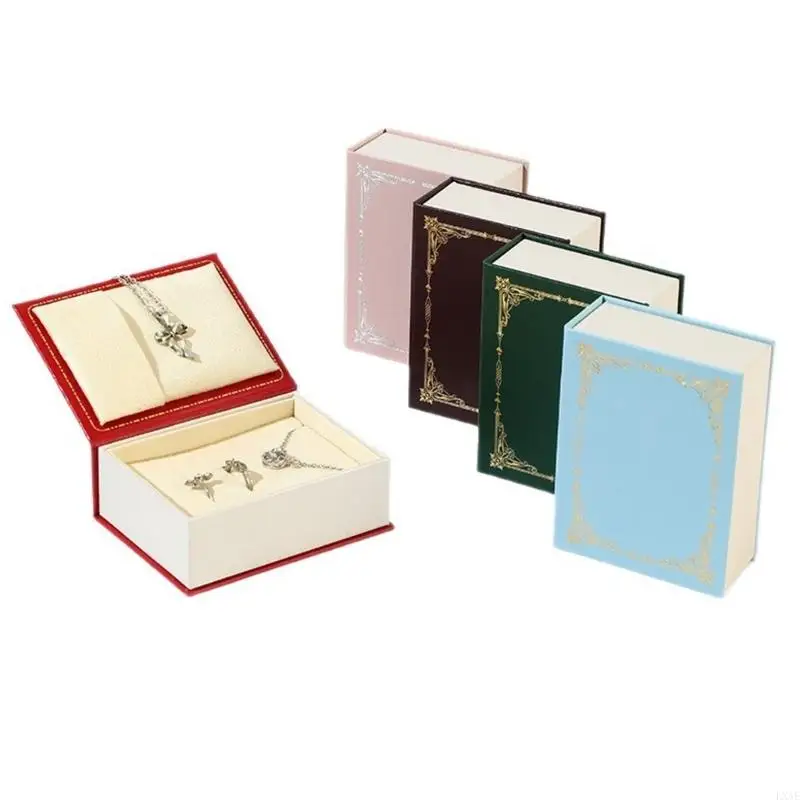 Jewelry Display Box for Rings Necklaces and Earrings, Book Gift Case with Soft Lining and Lid Presentation