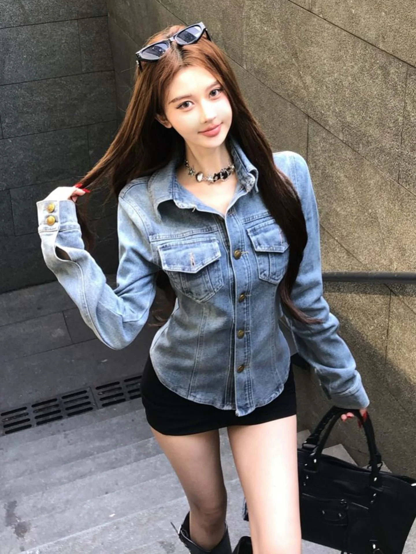 미국 슬림핏 칼라 롱 슬리브 데님 셔츠 여성용 허리 조임 자켓 슬림 오픈 가디건 탑