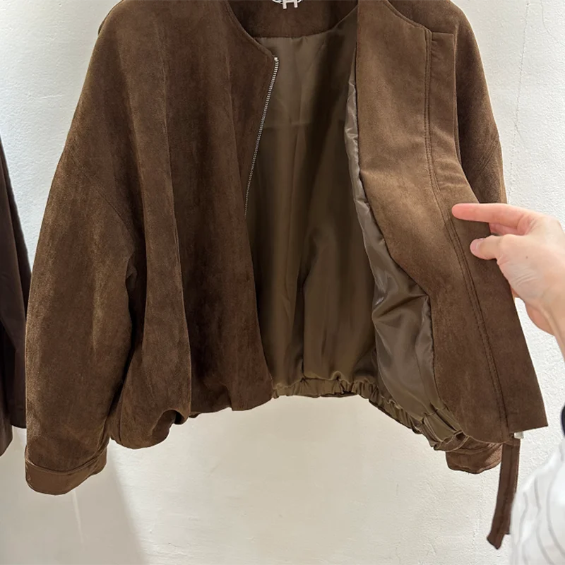 Outono vintage jaqueta com zíper feminino manga longa o pescoço streetwear casacos soltos sólido simples casual retro preppy feminino novo outwear