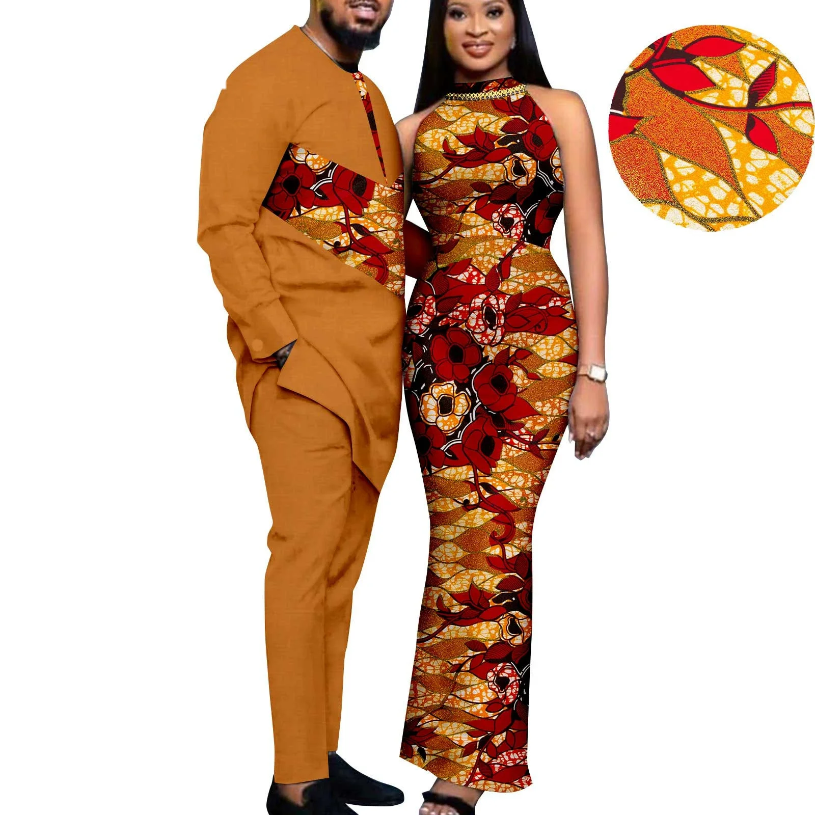 

Couple Clothes African Print Long Dresses for Women Matching Men Outfits Dashiki Top Shirt and Pant Sets Bazin Riche Wedding