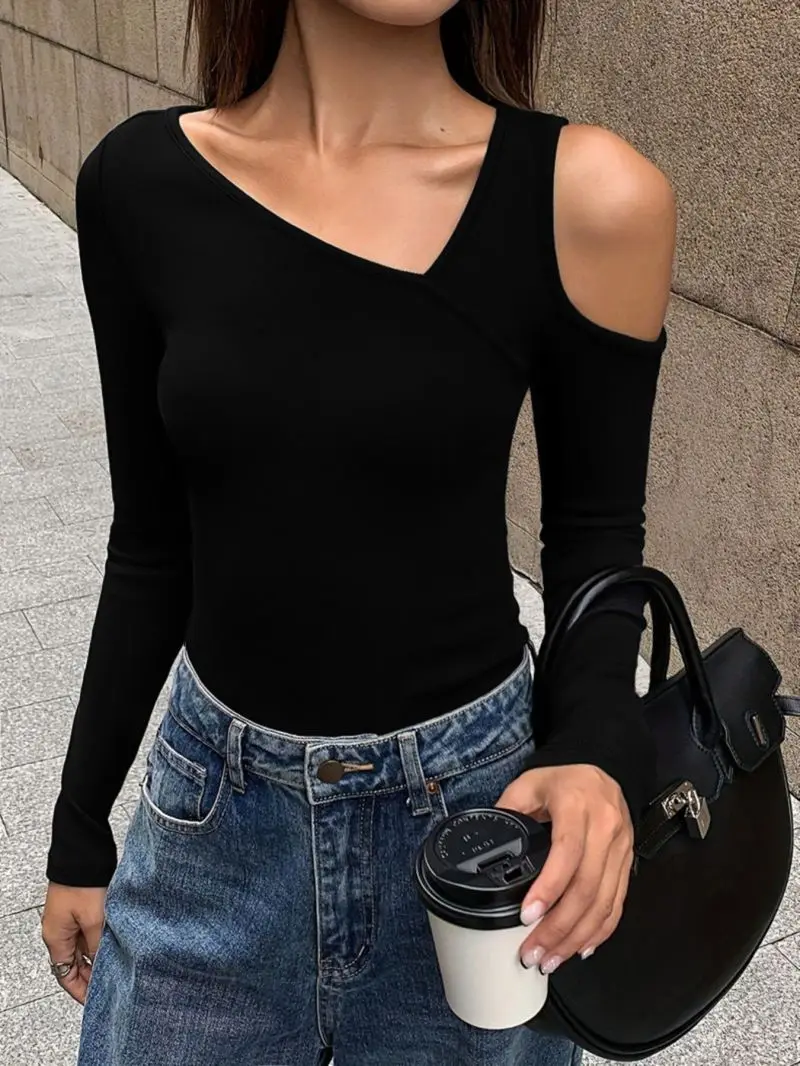 Damen Asymmetrisches Diagonales V-Ausschnitt Langarm-Oberteil Figurbetont Einseitig Freiliegende Schulter Basis-T-Shirt mit Schlankheitseffekt – Detail 6