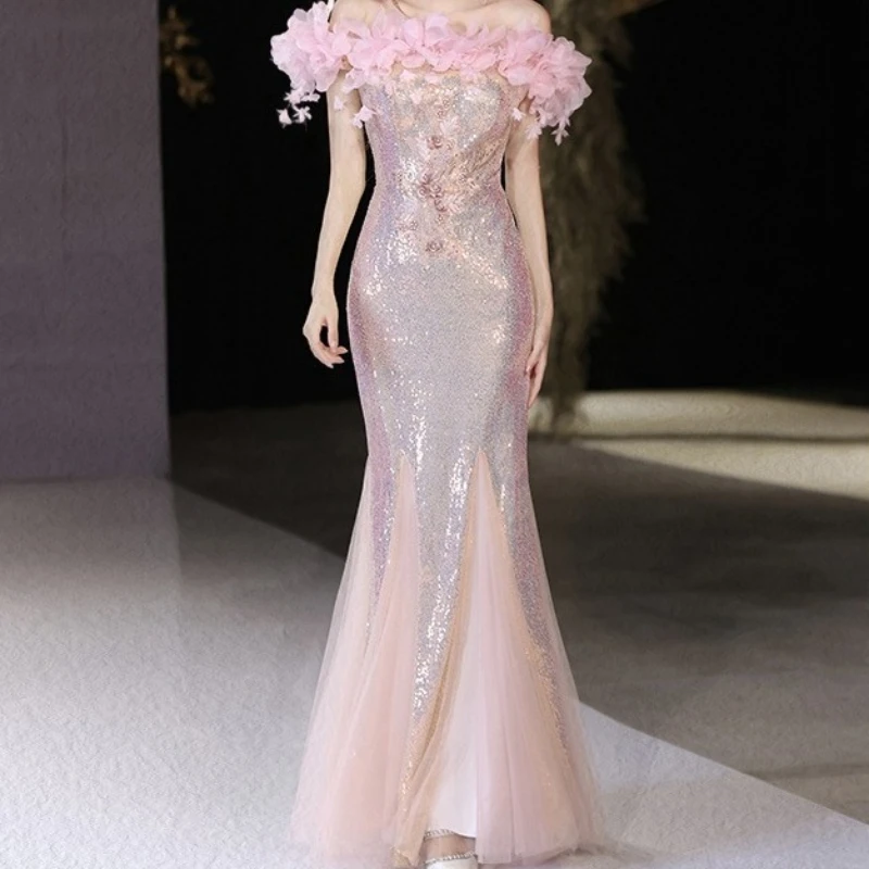 Elegant Prom Dress for Women Evening Party Off The Shoulder Sleeveless Fishtail Skirt Sequins Heavy Industry Banquet