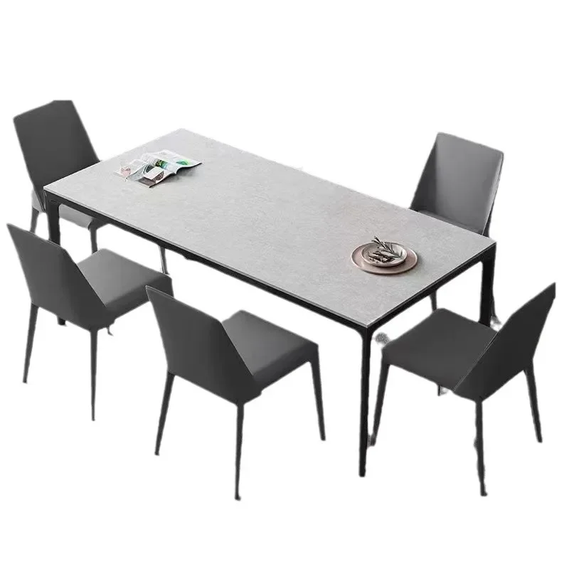 

Italian style, rock slab, dining table and chairs, combination, minimalist, aluminum alloy, pure white.