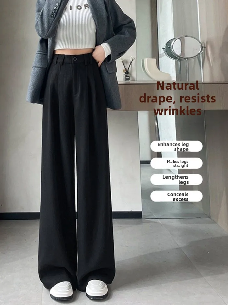 بنطلون نسائي واسع الساق بخصر مرتفع مبطن للخريف والشتاء، دافئ وأنيق بتصميم كلاسيكي، بنطلون طويل كاجوال