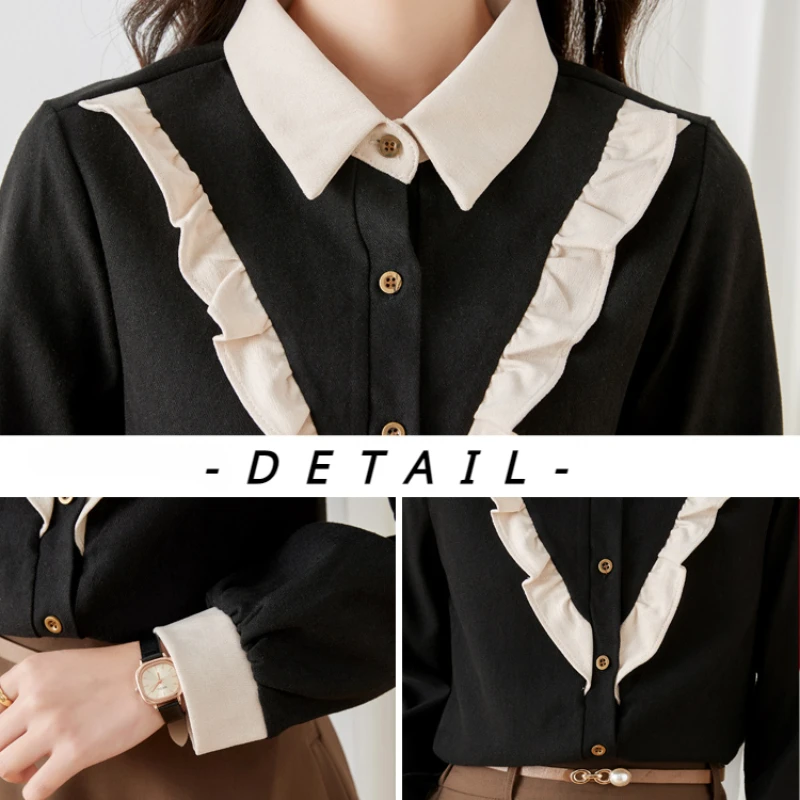 Chic Corduroy Spliced Ruched Shirts Women Fashion Loose Leisure All-match Plus Velvet Tops Ladies Elegant Young Popular Ins New