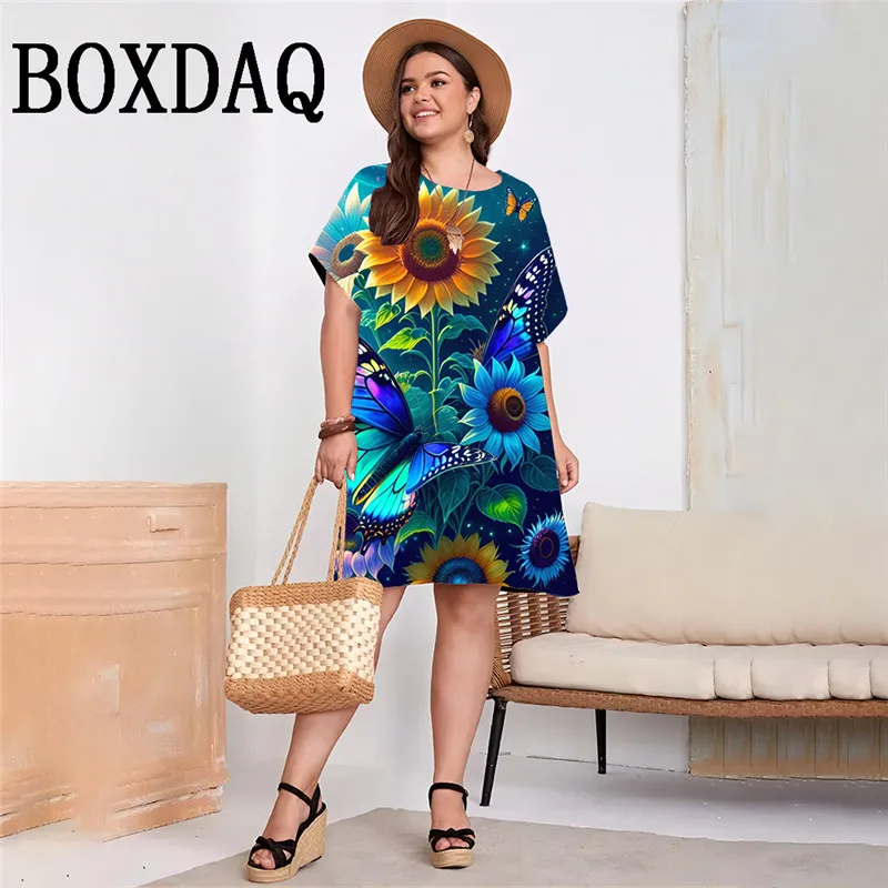 

Big Size 9XL Casual Short Sleeve Women Dress Plus Size Woman Clothing Coloured Flower Butterfly Print Dresses Summer Party Dress