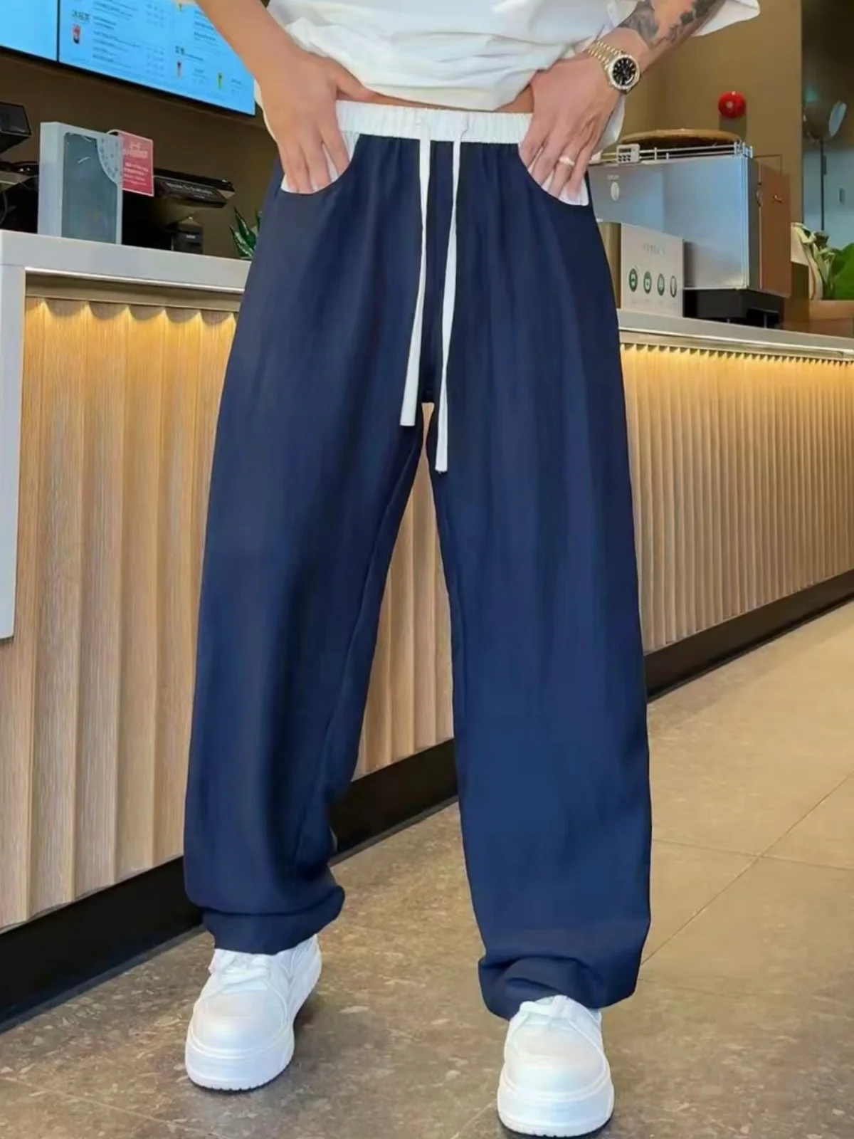 Men's Summer Lightweight Cool Sensation Breathable Casual Pants Trousers Loose Straight Leg Patchwork Color Block Drapey