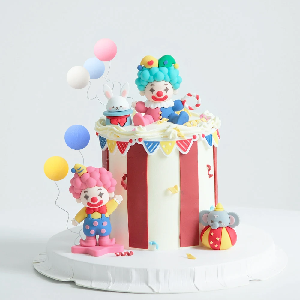 Adorno para tarta con tema de circo, payaso, León, elefante, globos para niños, fiesta de cumpleaños, decoraciones para fiesta de bienvenida de bebé, temático de payaso colorido