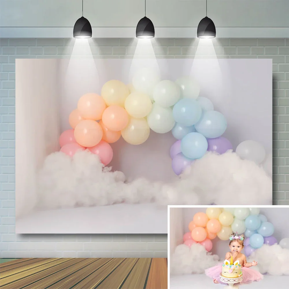 Fondo con temática de globos coloridos para bebé, retrato de niño, pastel Smash, fondo de 1er cumpleaños, decoración de nubes blancas para estudio fotográfico