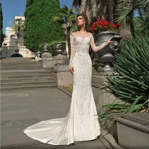 Charming Strapless Wedding Dresses Full Sleeve Ivory Mermaid Bridal Vestido De Novia Exquisite New Robe De Summer