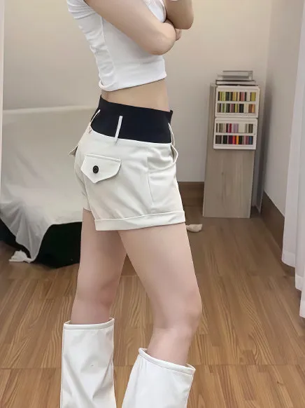 American Retro Color Block Denim Shorts Women's Summer New Street Sexy Cuffed Slimming Butt Covering Hot Pants High Waist Str...