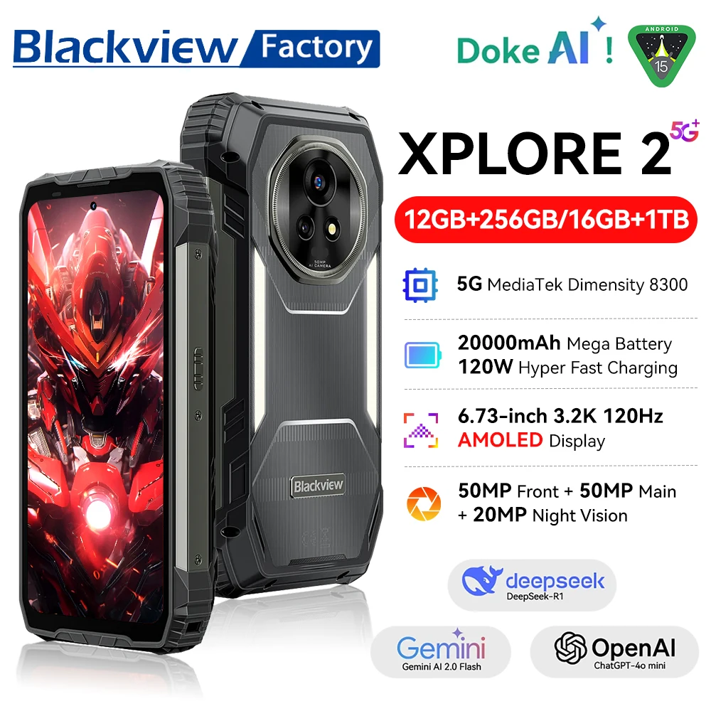 2025 Blackview XPLORE 2 5G Rugged Phone 6.73” 3.2K AMOLED Display 12GB+1TB Smartphone Android 15 NFC 20000mAh Telephone Portabl
