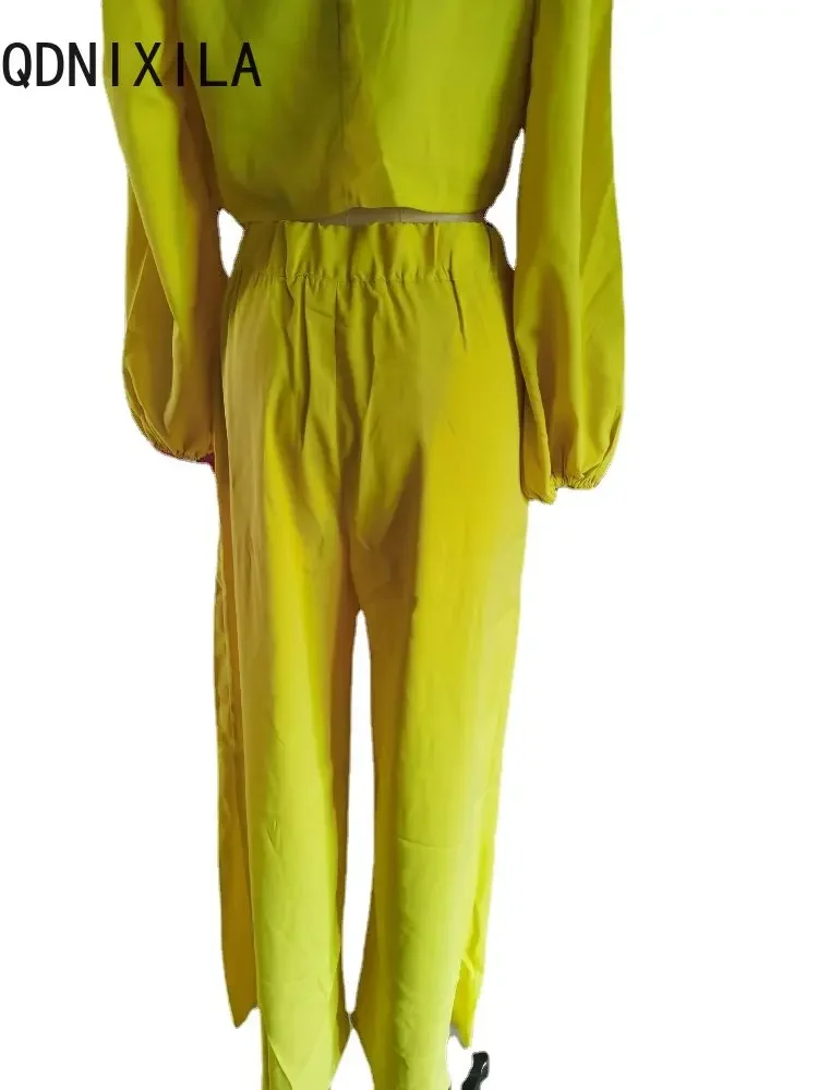 Nuovo Set di due pezzi moda estiva elegante Top irregolare vita alta gamba larga pantalone Set manica lunga giallo Sexy Top coordinati