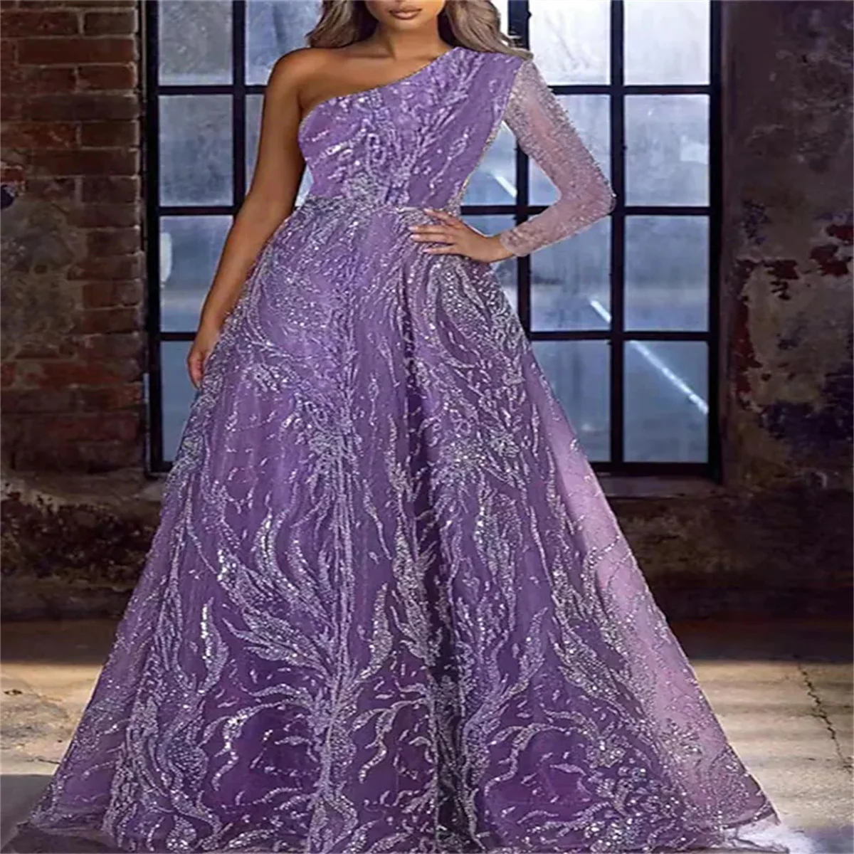 Women's Prom Party Evening Sequin Dress Swing Maxi Purple Long Sleeve Pure Color One Shoulder Fashion Wedding Guest 2024 Custom