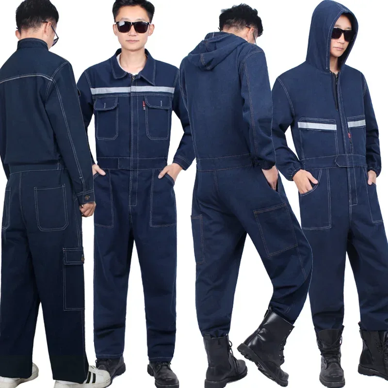 Jumpsuit for Men Women Denim Cotton Overalls Hooded Welding Suit Coverall Electrician Auto Repair Spray Paint Mechanic Uniform