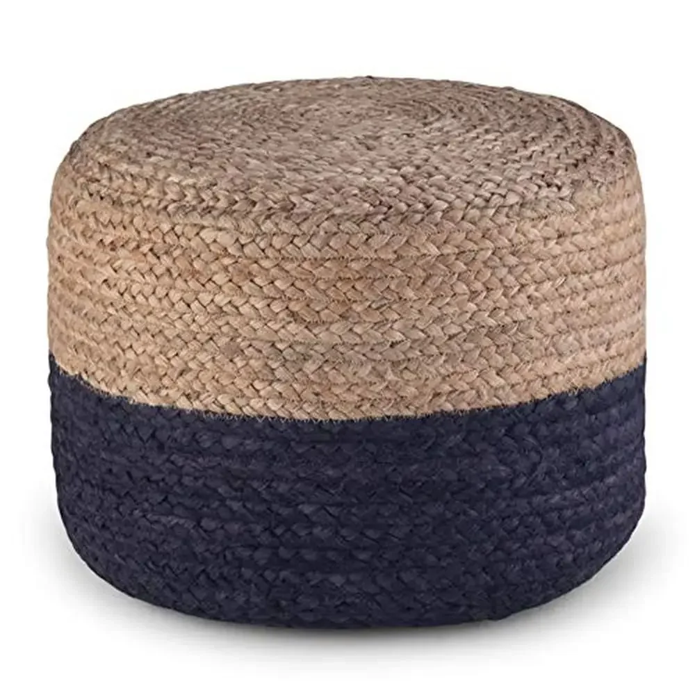 Navy Natural Braided Jute Round Pouf Stool Contemporary Handcrafted Footstool