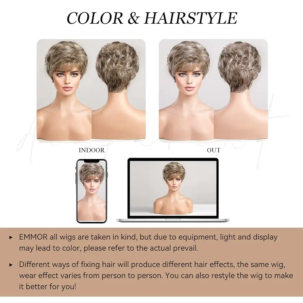 Short Brown Mixed Blonde Wigs for Women Pixie Curly Wave Bob Wigs With Bang Natural Daily Use Hair Kanekalon Synthetic Women Wig