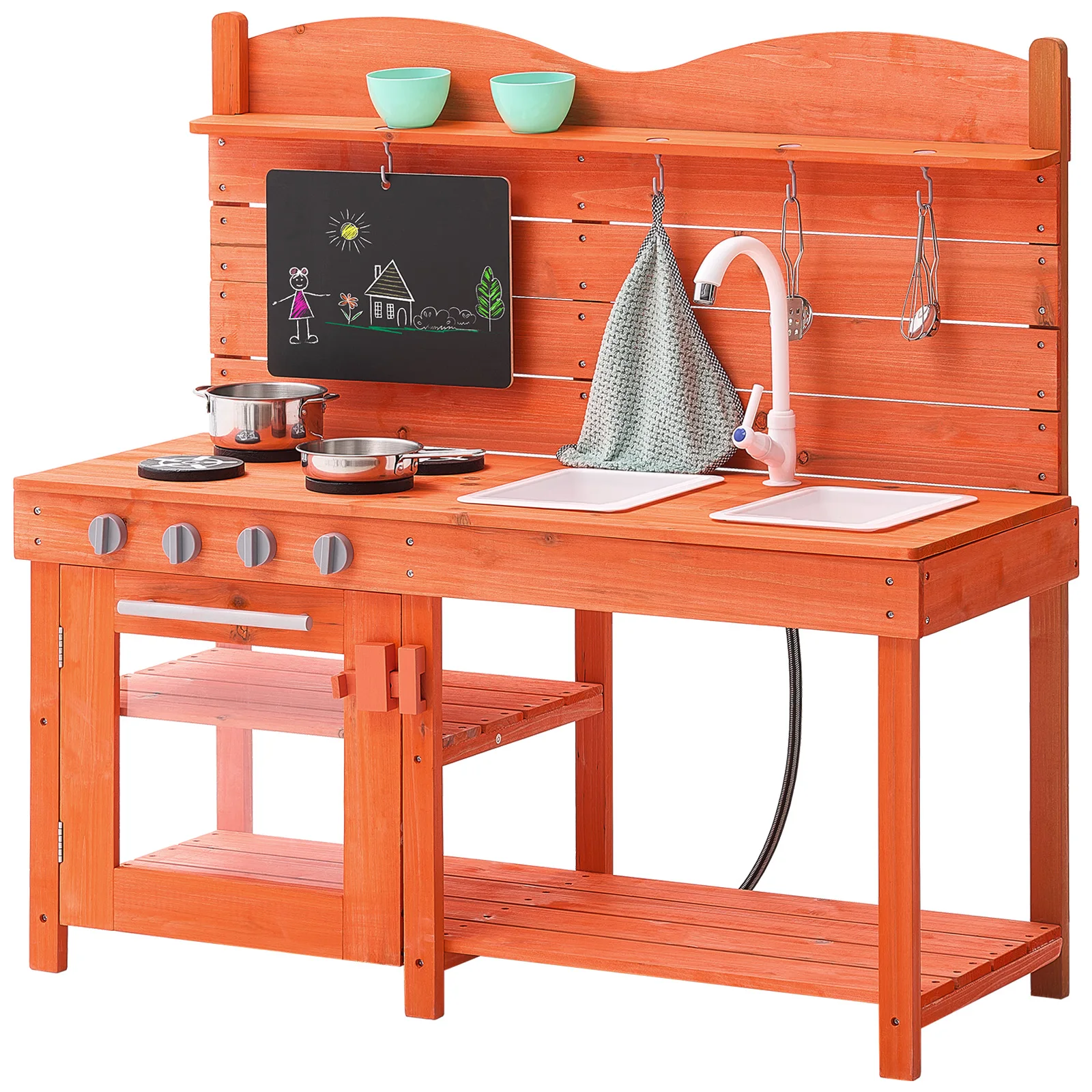 SucceBuy Wooden Mud Kitchen Playset with Stove Sink & Faucet Kids Pretend Play Kitchen Set for Children Girls Birthday Gifts