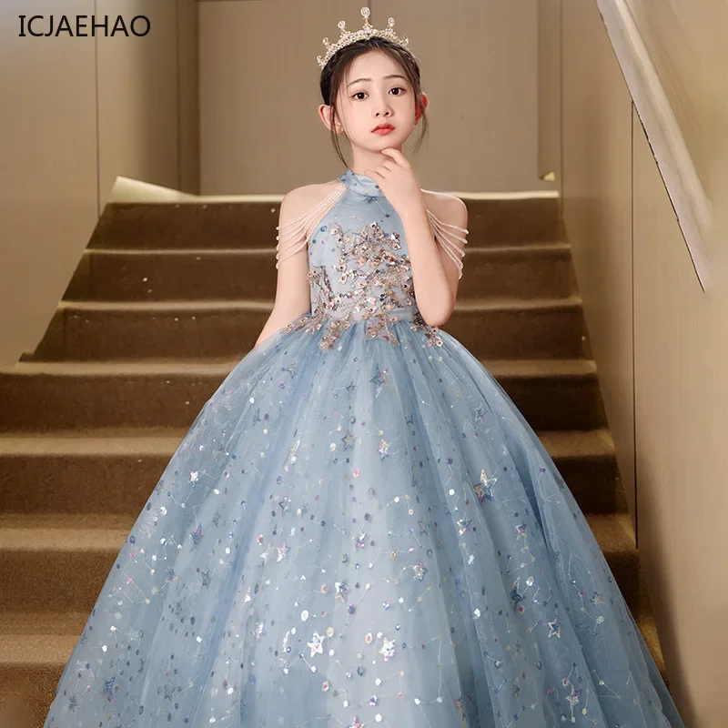 ICJAEHAO 2024 Blue Girls\' Dress Summer Light Luxury Niche High-end Princess Matching Children\'s Host Piano Performance Clothes