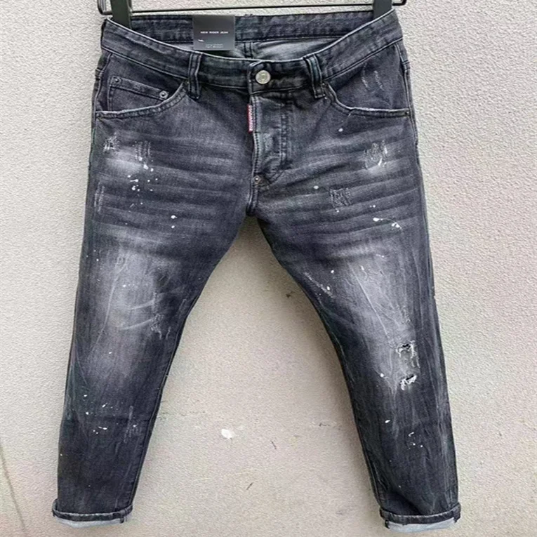 

D2 Men's Slim Fit Jeans Guangzhou Trendy Brand Hole Wear Resistant Bla ey Spray Ink Casual Long Pants Youth Faion