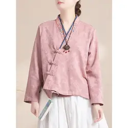 2026 autumn chinese style traditional cotton linen vintage blouse tang suits vintage hanfu blouse kimono style women top
