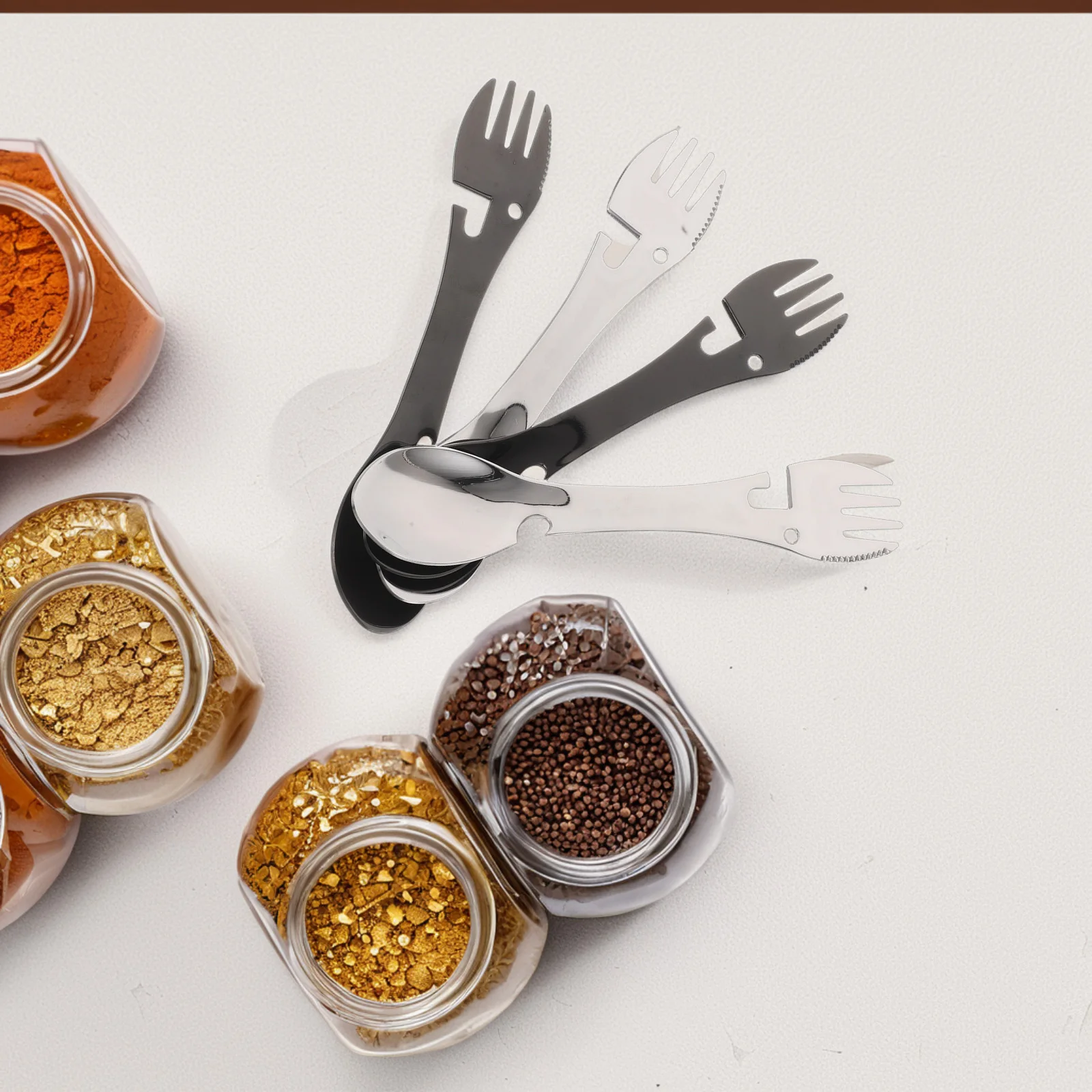 

4Pcs Stainless Steel Multifunctional Portable Spork Knife Fork Spoon Bottle Opener Camping Travel Portable Cutlery Set