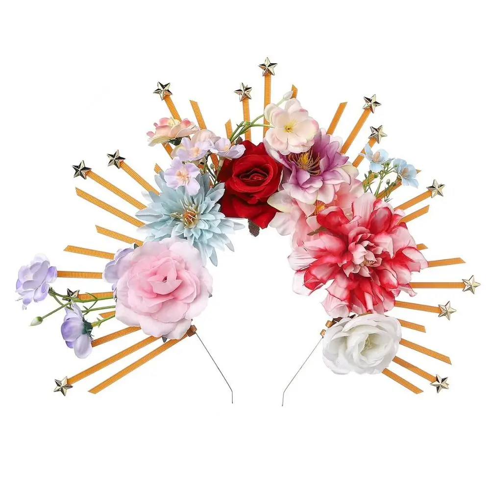 Diadema de Halo de Diosa para Halloween, con Estrella de Cinco Puntas y Flores Artificiales, Disponible en Varios Colores