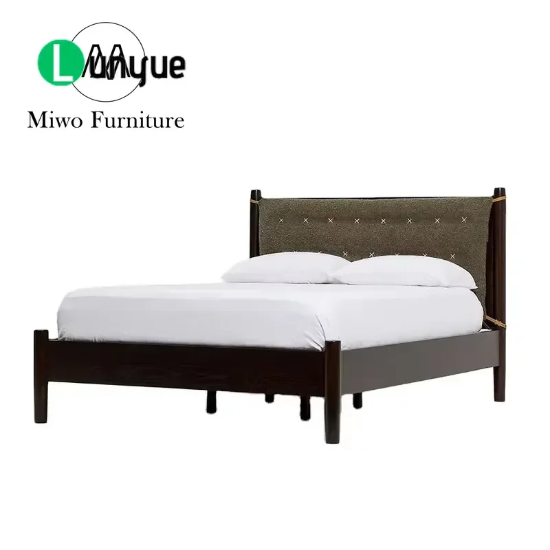 Modern French Oak Double Bed King Size Wooden Upholstered Headboard Designer Bedroom Furniture for Villa Hotel B&B Home