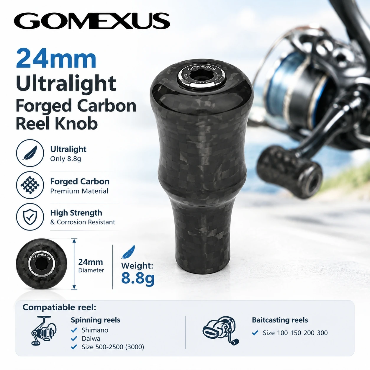 gomexus-ハンドルノブ-24mm、パワー・カーボン製。シマノ・ストラディック、トランクス、クルアド、slx、ダイワ・ジリオ、タトゥラ、フエゴのスピニングリール、ベイトキャスティングリールに対応。