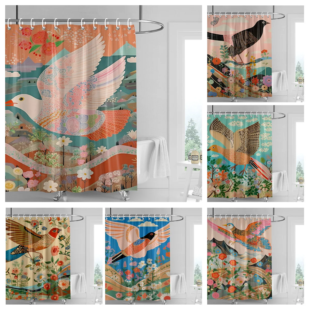 Tropical Bird &Floral Shower Curtain,Vibrant Blue,Brown & Pink Design,Waterproof Bathroom Decor for Modern&Nature-Inspired Homes