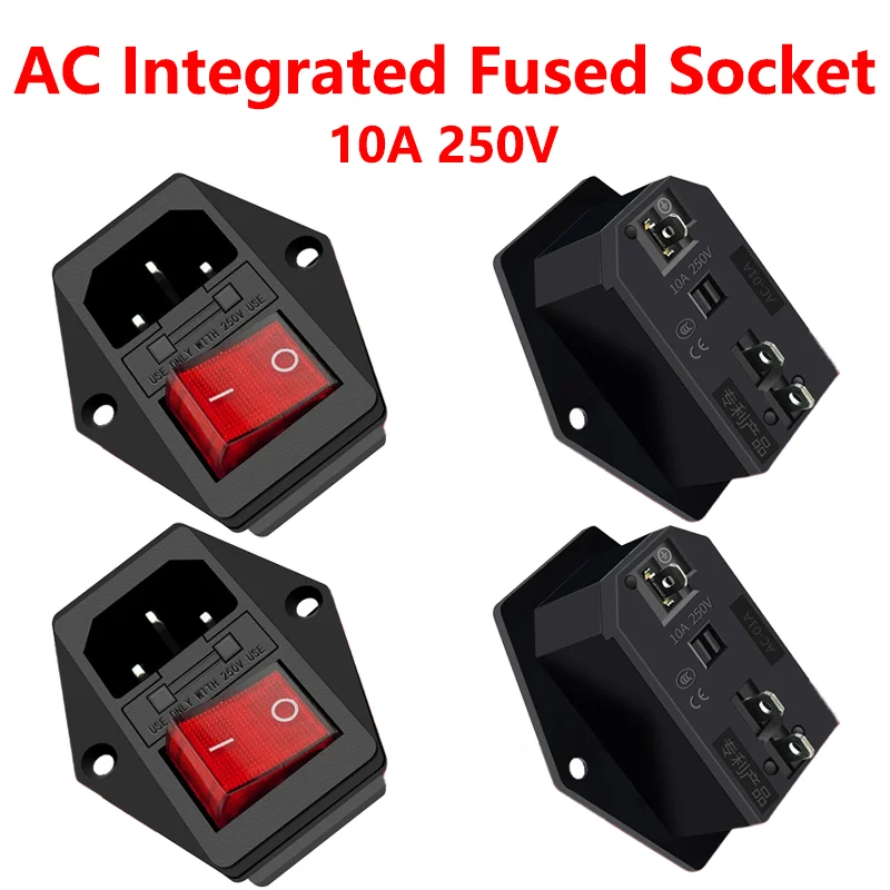 

5PCS AC-01AC-14-F16A Electrical Power Socket Rocker Switch Brass 10A Inlet Plug Connector 250V Computer Mount Outlet With Fuse