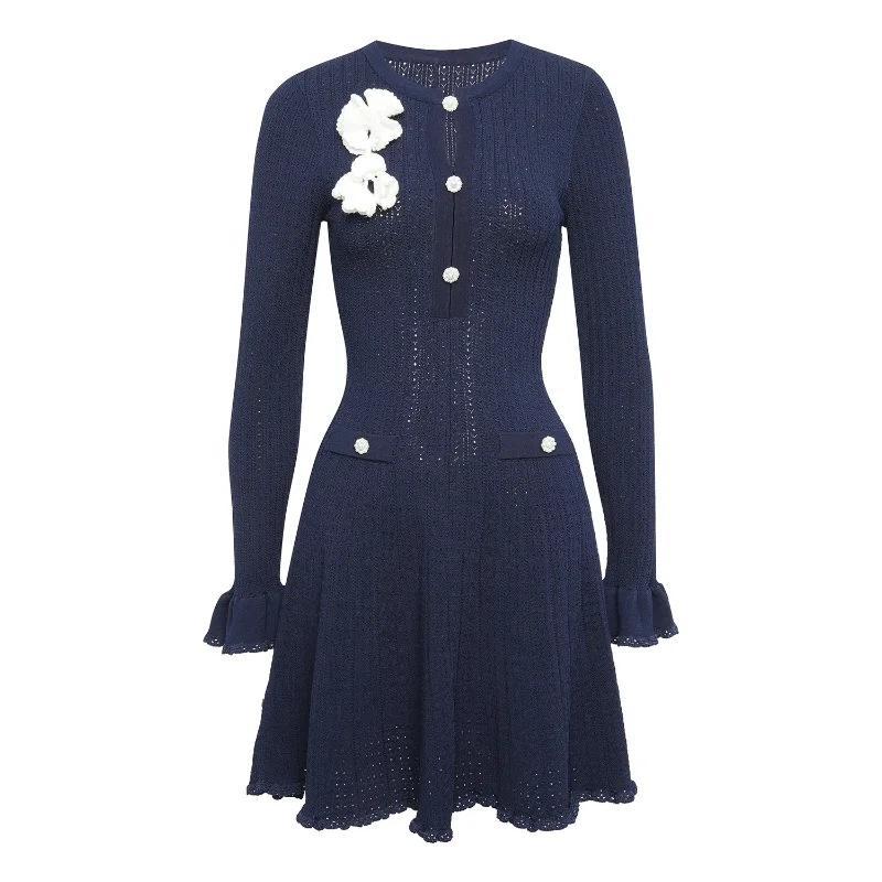 Women Blue Long-sleeved Sweet Small Fragrance 3D Flower Round Neck Hollow Thin French Lady Knitted Short Dress Female