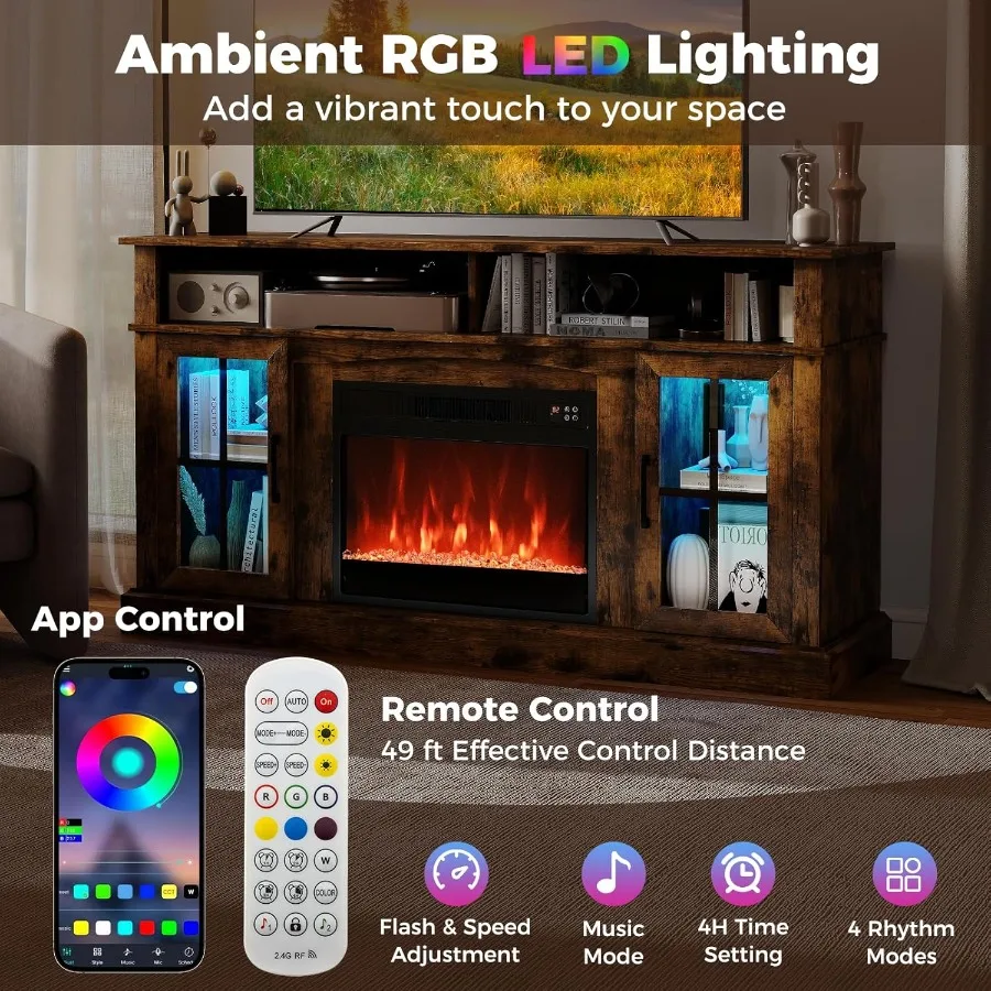 حامل تلفزيون مدفأة كهربائية مصمم لأجهزة التلفاز حتى 65 بوصة يتميز بأضواء LED المحيطة وجهاز التحكم عن بعد قابل للتعديل I #4