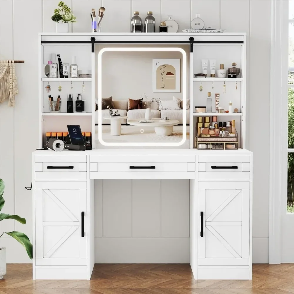 Farmhouse Makeup Vanity Desk with Sliding Mirror & Charging Station,Vanity Table with Lights &Hidden Storage Shelves,Makeup Desk