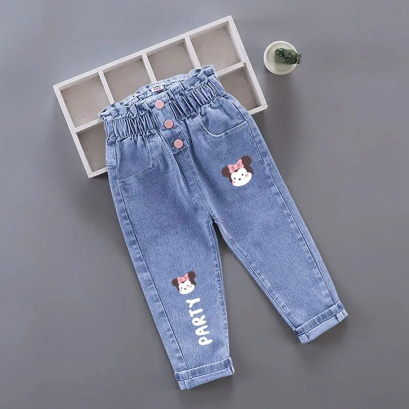 2023 new Girls Jeans printing Cartoon elastic forceGirl Jeans Spring Autumn Jeans Kid Casual Style Children Clothing 2-7Y