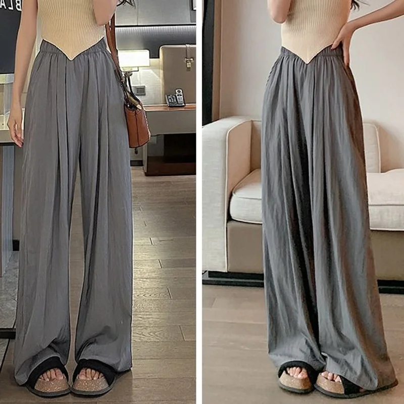 2024 Summer Women Leisure Colorful Pants Lady Baggy Wide Leg Ice Silk Trousers Female Fashion High Waisted Straight Leg Slacks