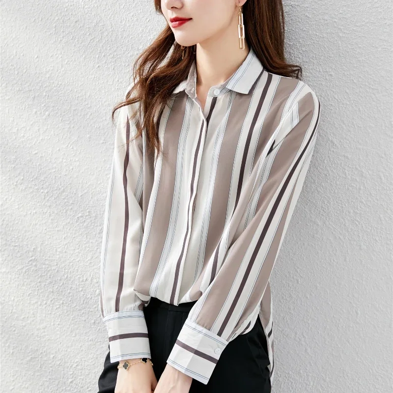 Chiffon Women Shirt Button Up Shirt Long Sleeve Blouse Korean Fashion Women Clothing OL Stripe Casual Shirts Basic Womens Tops