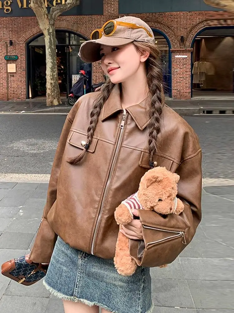 

Кожаные куртки, пальто, женское укороченное пальто с коротким рукавом, модный передний карман, эластичный подол, однотонный, простой, базовый, осенний, женский, повседневный