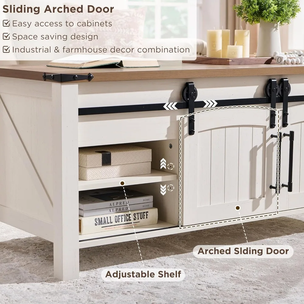 Farmhouse Lift Top Coffee Table with Sliding Door, 48" Large Rustic Center Table with Hidden Storage Compartment, Lifting Table