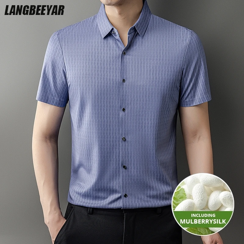 Top Grade Mulberry Silk Anti-wrinkle New Summer Brand Slim Fit Shirt Stripped Short Sleeve Trendy Casual Fashion Men Clothes