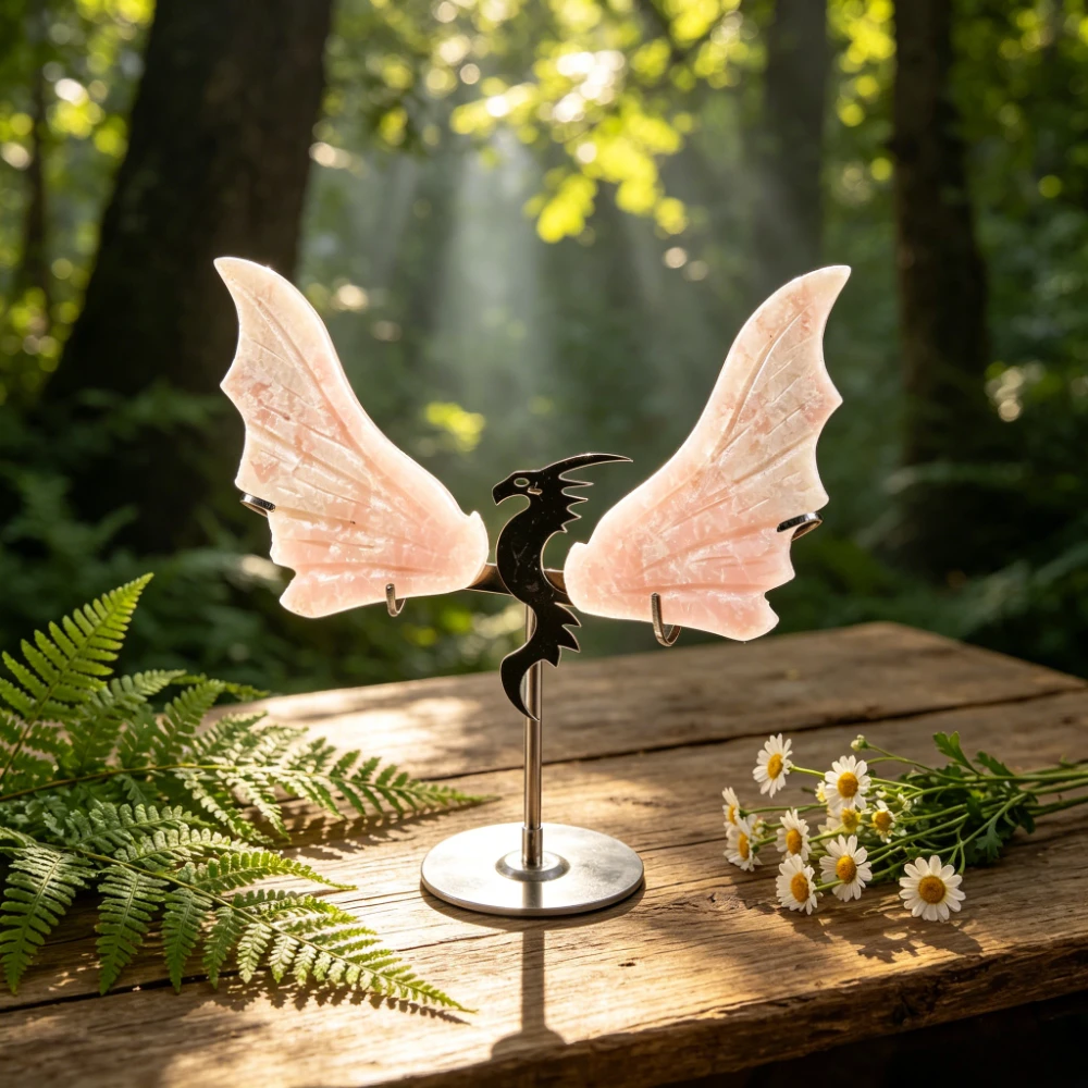 Natural Pink Opal Dragon Wing Carvings with Base Perfect for Decorating Your Home Ideal for Dragon Enthusiasts