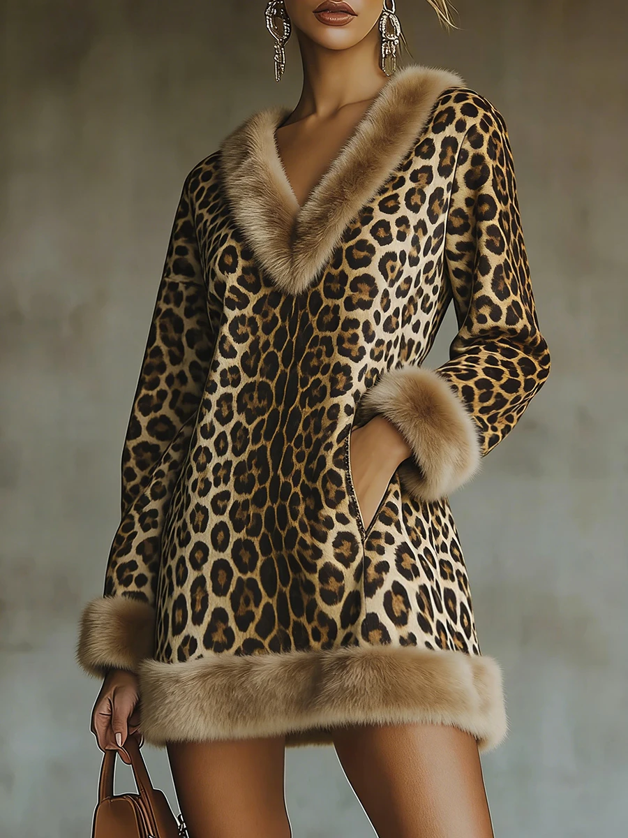 Tägliches braunes Leoparden-Minikleid mit V-Ausschnitt, langen Ärmeln, Taschen und kontrastierendem Kunstfell im Western-Stil