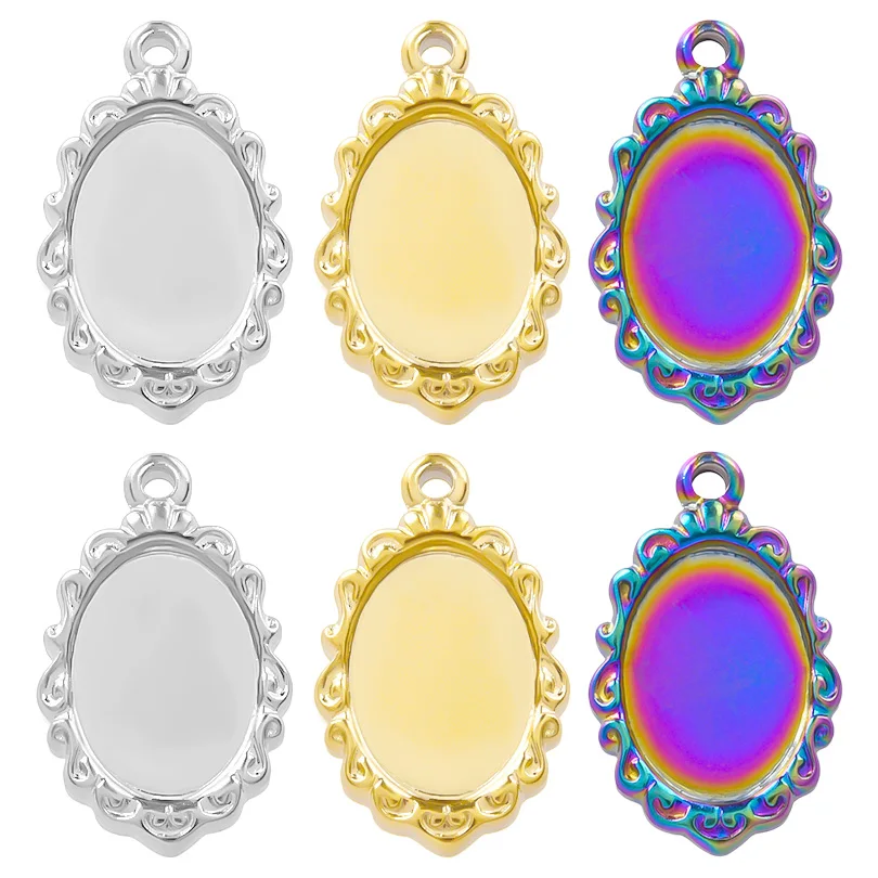 7Pcs/Lot Fashion Witch Mirror Gold Plated Pendant Bright Ellipse Retro Stainless Steel Pendants Finding Making Diy Craft Jewelry