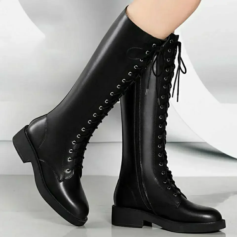 Women\'s Boots Long Black Footwear with Laces Shoes for Woman Winter Knee High Shaft Round Toe Lace-up Gyaru 2024 New Spring In